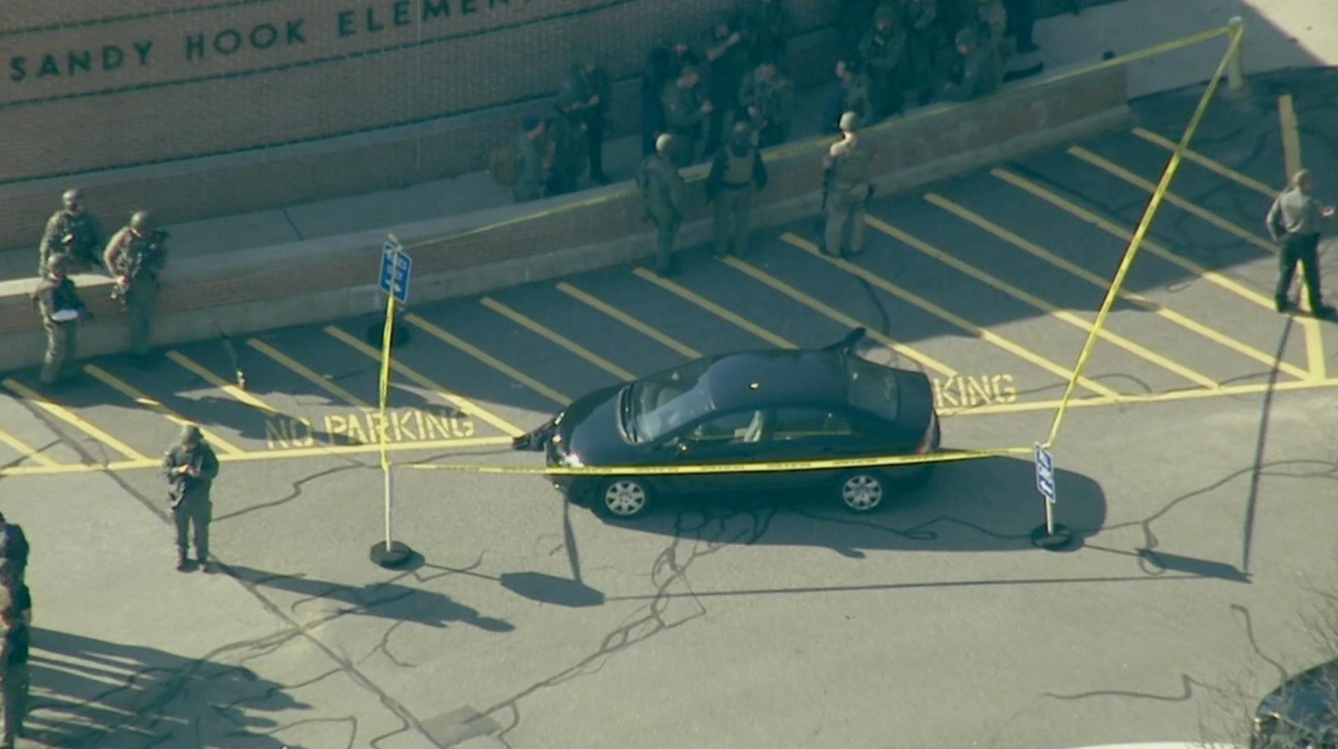 Armed SWAT team members outside of Sandy Hook Elementary School