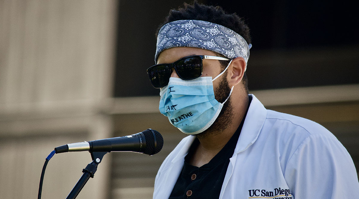 Ian Simpson-Shelton, MD, speaks at the University of California San Diego Anti-Racism Coalition Day of Action on June 8, 2020