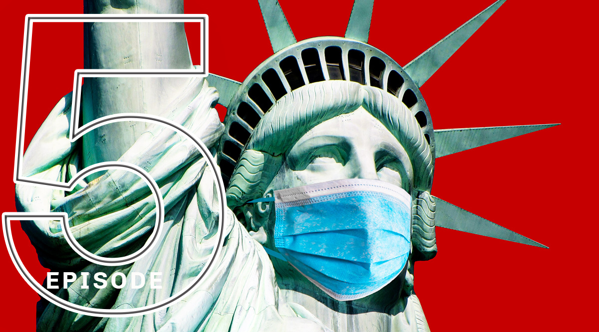 Statue of Liberty wearing a medical face mask