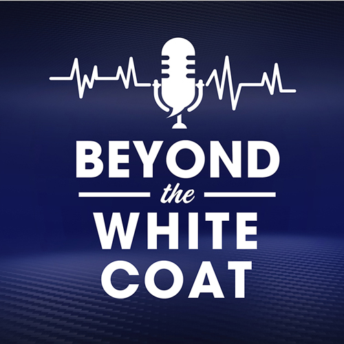 Podcast logo; dark blue textured background with white heartbeat and microphone image and text reading Beyond the White Coat