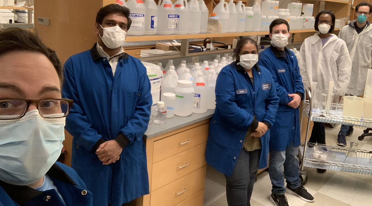 Engineering_UMMS_Sanitizer Students from the Graduate School of Biomedical Sciences at the University of Massachusetts School of Medicine made 130 gallons of high-grade hand sanitizer that is now being used at UMass Memorial Medical Center
