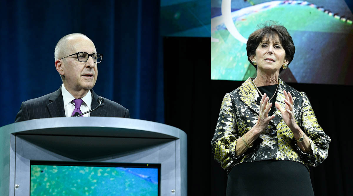 Skorton-Marks-LSL-2019-Speeches AAMC President and CEO David J. Skorton, MD, and AAMC Board of Directors Chair Lilly Marks give their remarks during the Leadership Plenary on Sunday, November 10, at Learn Serve Lead 2019: The AAMC Annual Meeting.