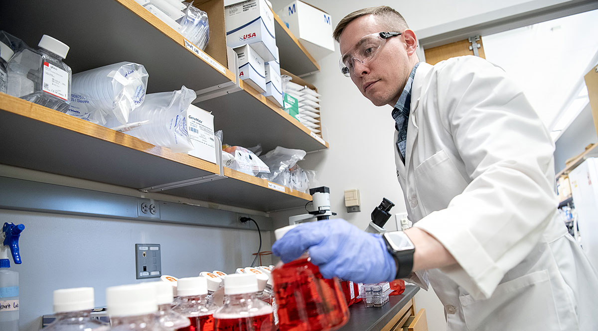Engineering_OSU_VTM Ohio State University Wexner Medical Center researcher Jacob Yount, PhD, leads an effort to develop viral transport media (VTM) to use in testing patients for COVID-19