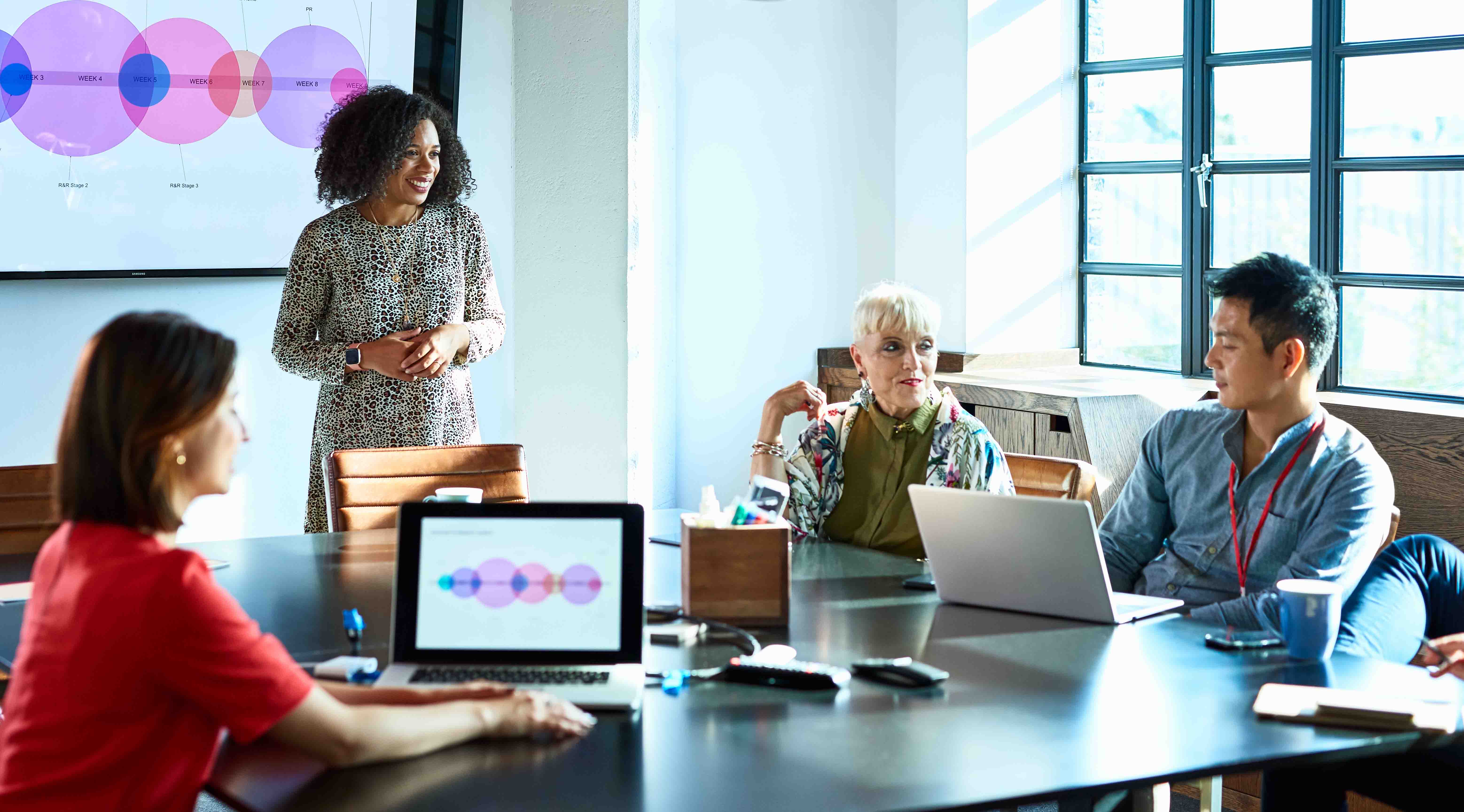 Diversity and Inclusion Strategic Planning Toolkit: Written Plan A woman explains a timeline to her colleagues.
