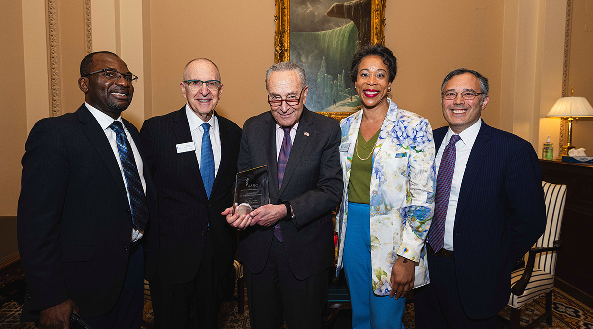 (L-R): Omonigho Michael Bubu, MD, PhD, MPH, David J. Skorton, MD, Senate Majority Leader Charles Schumer (D-N.Y.), Danielle Turnipseed, JD, MHSA, MPP, Leonard Marquez.