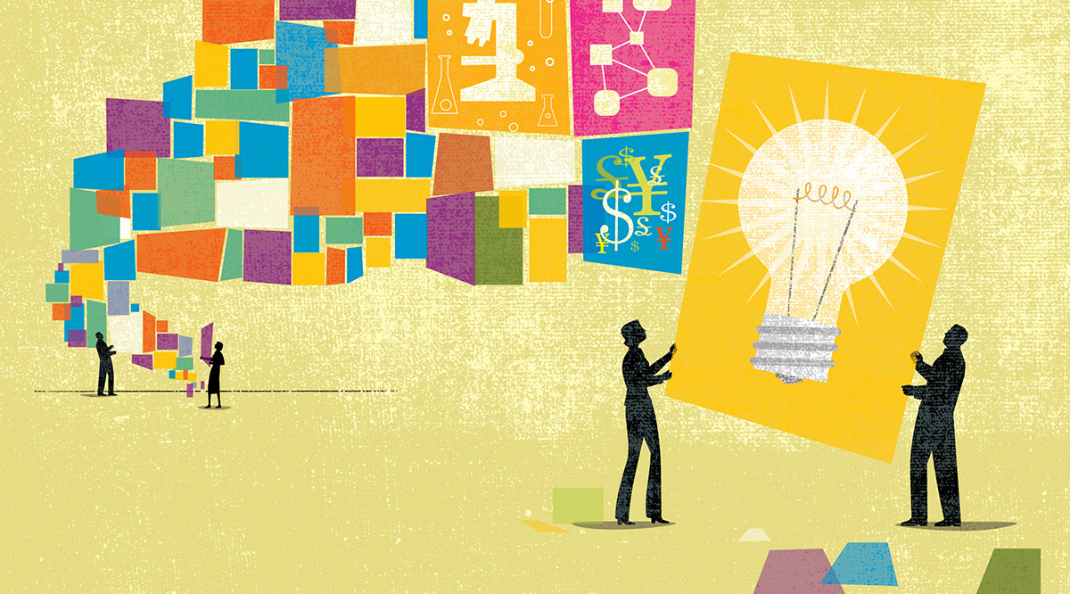 Illustration of four people brainstorming to come up with an idea