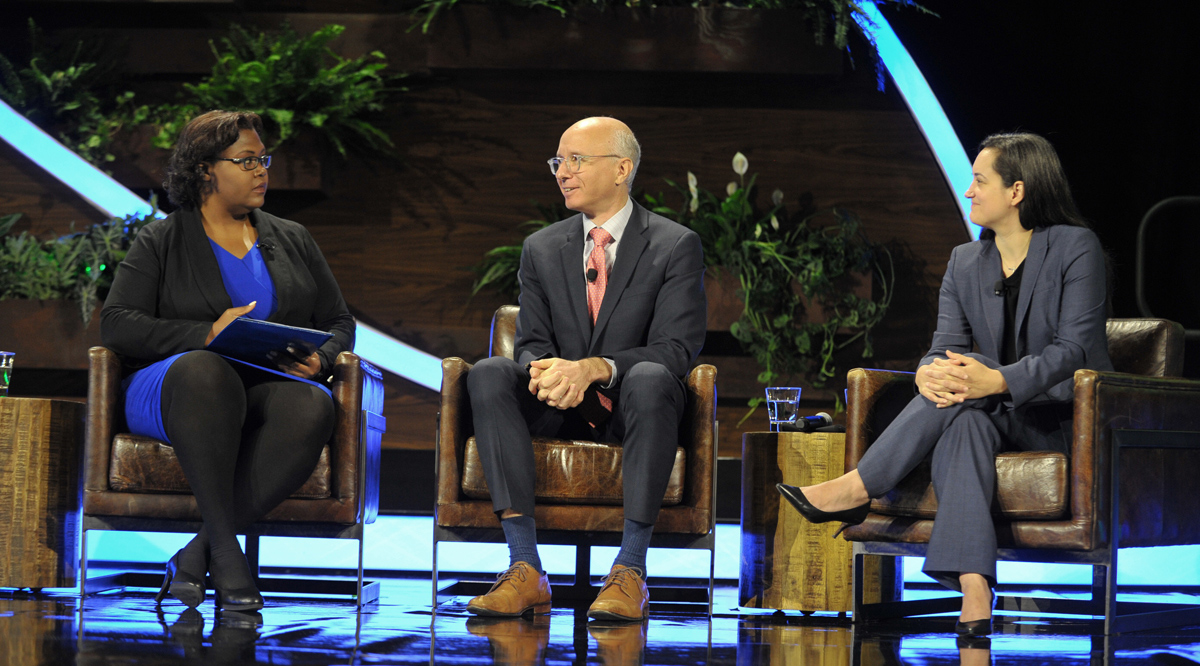 Shaneeta Johnson, MD, MBA, Aaron Bernstein, MD, MPH, and Renee N. Salas, MD, MPH, discuss climate change and health during a plenary on Nov. 14 at Learn Serve Lead 2022: The AAMC Annual Meeting.