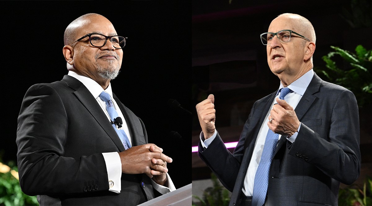 AAMC Board Chair Kirk A. Calhoun, MD, and AAMC President and CEO David J. Skorton, MD, discuss challenges to academic medicine during the leadership plenary on Nov. 13 at Learn Serve Lead 2022 in Nashville.