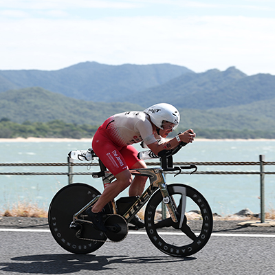 Matthew Marquardt on the 112-mile bike course at Ironman Cairns in June 2025.