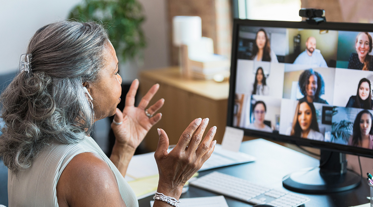 Businesswoman gestures during video call