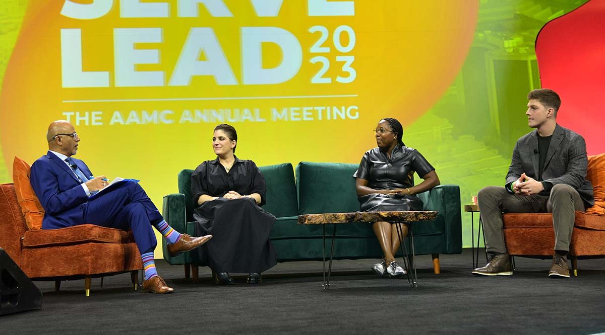 Abraham Verghese, MD, MACP, converses with Maya Feller, MS, RD, CDN, Suleika Jaouad, MFA, and Ryan Scoble), during the closing plenary of Learn Serve Lead 2023.