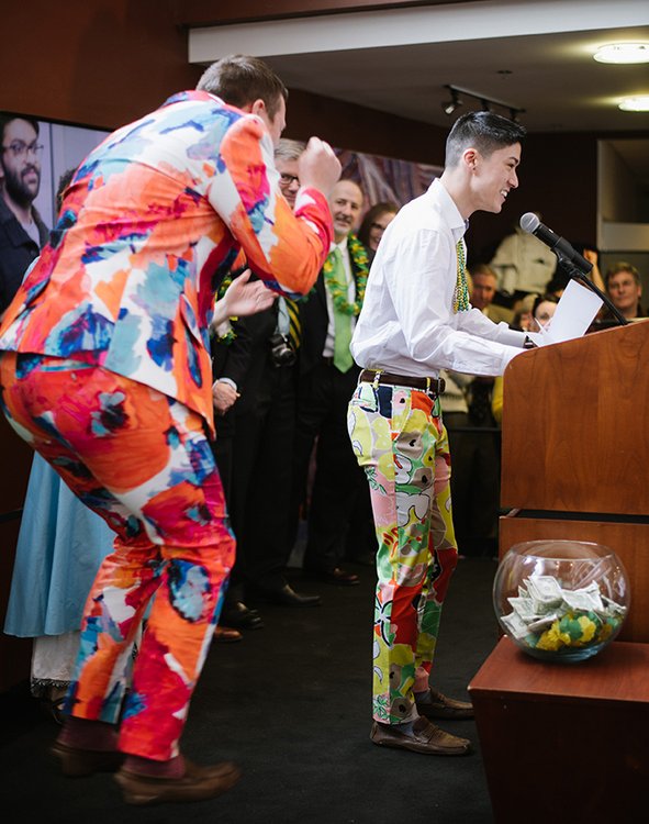 Student Michael Ohkura’s husband (left) jumps for joy at the Match Day event at The Robert Larner, MD College of Medicine at The University of Vermont. Ohkura (podium) had just learned that he matched to a family medicine residency. Credit: Andy Duback. Student Michael Ohkura’s husband jumps for joy at the Match Day event at The Robert Larner, MD College of Medicine at The University of Vermont.