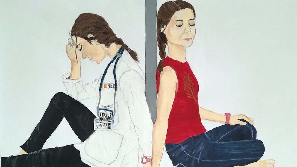 Painting of doctor and another person sitting back-to-back and holding hands