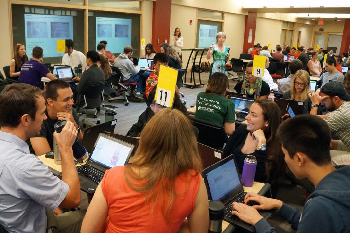 Class of 2019 medical students and faculty facilitators participate in a team-based learning session for the Cardiovascular, Respiratory, and Renal Systems course at the Larner College of Medicine at the University of Vermont.