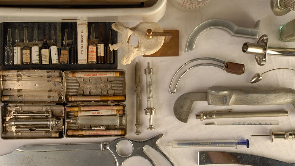 A collection of antique medical tools.