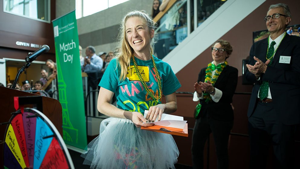 student celebrating at The Robert Larner, M.D. College of Medicine at The University of Vermont