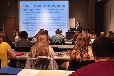 Roberto Cardarelli, DO, MPH, lectured interdisciplinary health professionals on lung cancer screening and tobacco cessation practices at the 2017 St. Claire Research Day. Photo credit: The University of Kentucky and St. Claire Regional Medical Center. Roberto Cardarelli, DO, MPH, lectured interdisciplinary health professionals on lung cancer screening and tobacco cessation practices at the 2017 St. Claire Research Day.