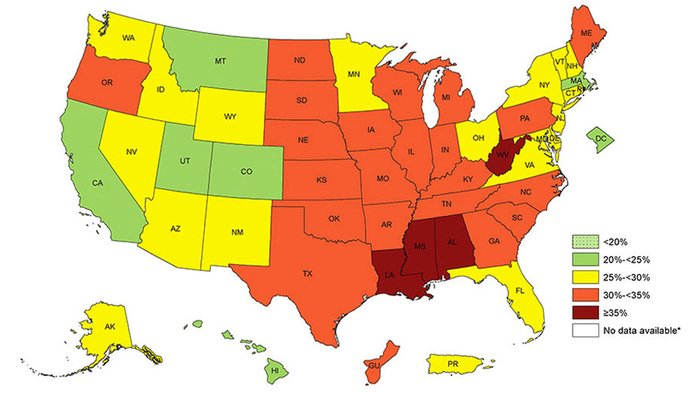 Prevalence of self-reported obesity of U.S. adults, 2015. Source: CDC aamc-news-cdc-self-reported-obesity.jpg