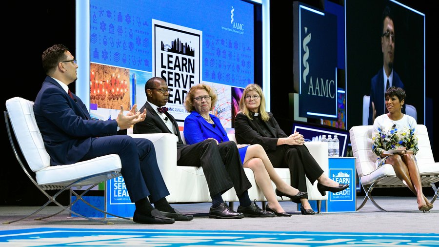 Left to right: Heval Mohammed Kelli, MD; Will Ross, MD, MPH; Claire Pomeroy, MD, MBA; Suzanne Watson, MD, MDiv; and Tamron Hall. Credit: Richard Greenhouse Extra-Mile-CREDIT-RICHARD-GREENHOUSExmain.jpg