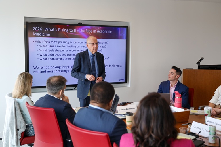 David Skorton in conference room presenting to the advisory committee for Learn Serve Lead