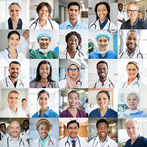 Montage of doctors and nurses in hospitals around the globe. Professional healthcare staff headshot portraits smiling and looking to camera.