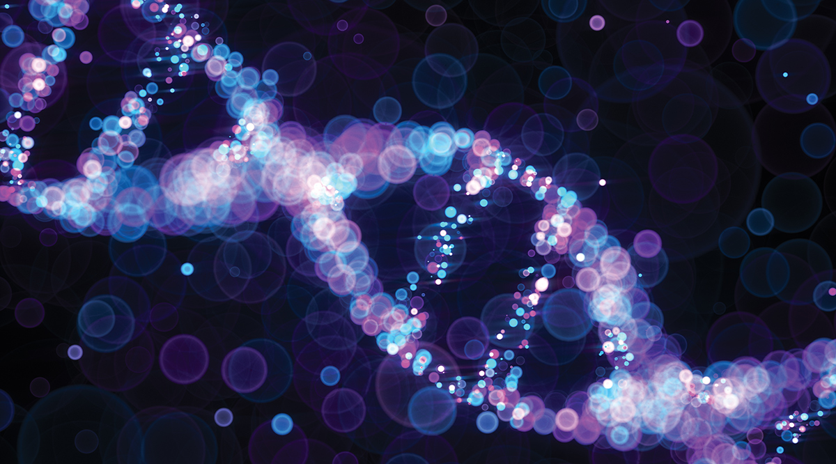 DNA helix made of multicolored bokeh dots