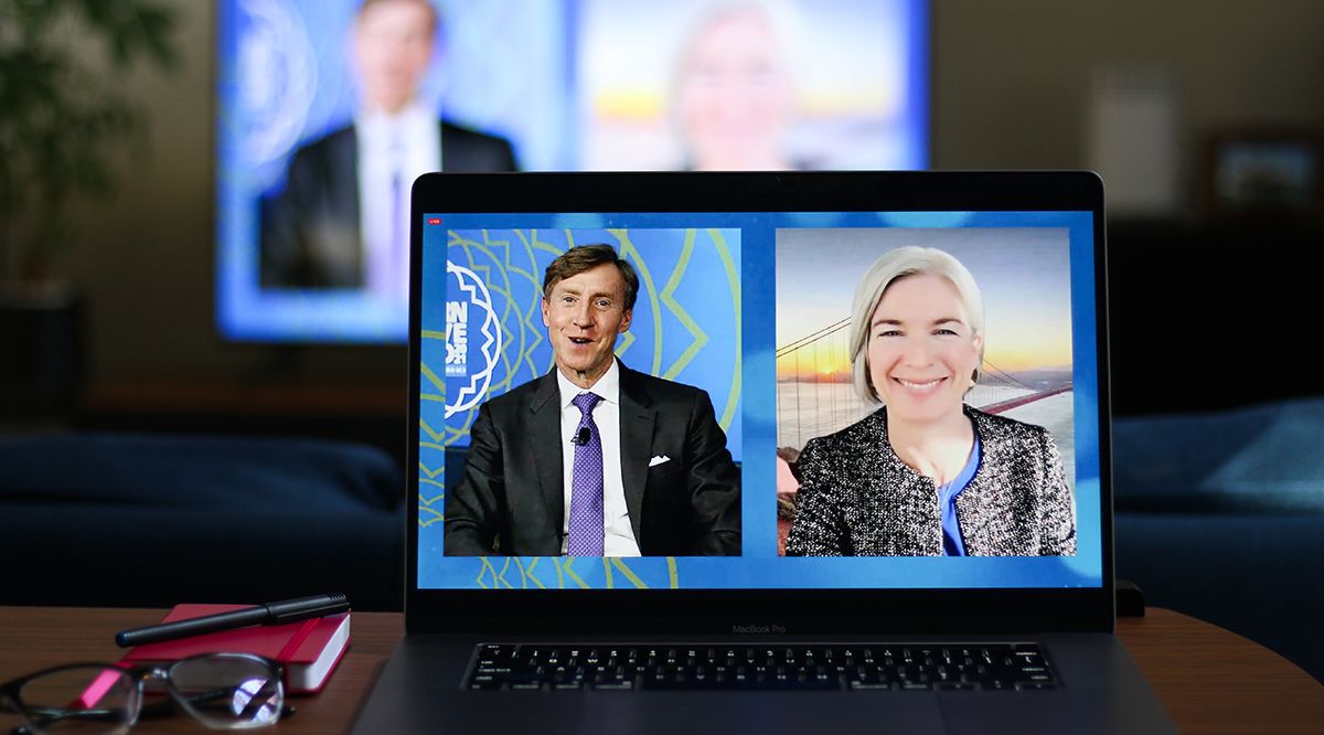 Larry Jameson and Jennifer Doudna appear on a laptop screen