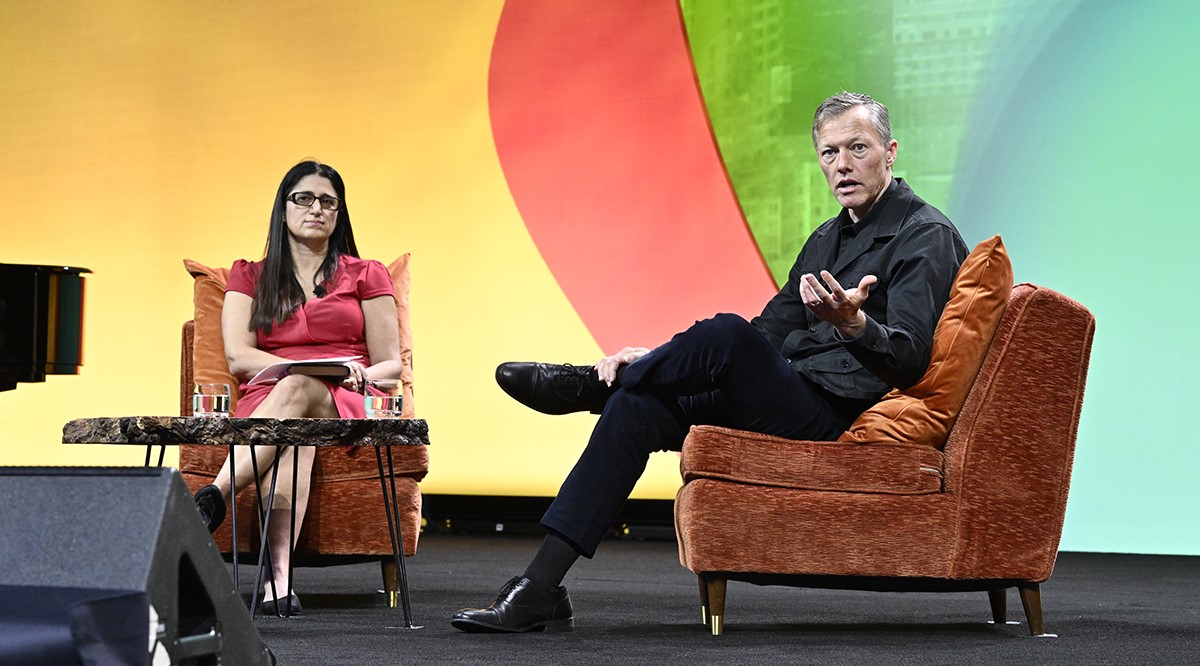 Mona Hanna-Attisha, MD, MPH, FAAP, moderates a plenary with sociologist Matthew Desmond, PhD, on ways to alleviate poverty in America at Learn Serve Lead 2023 on Monday, Nov. 6.