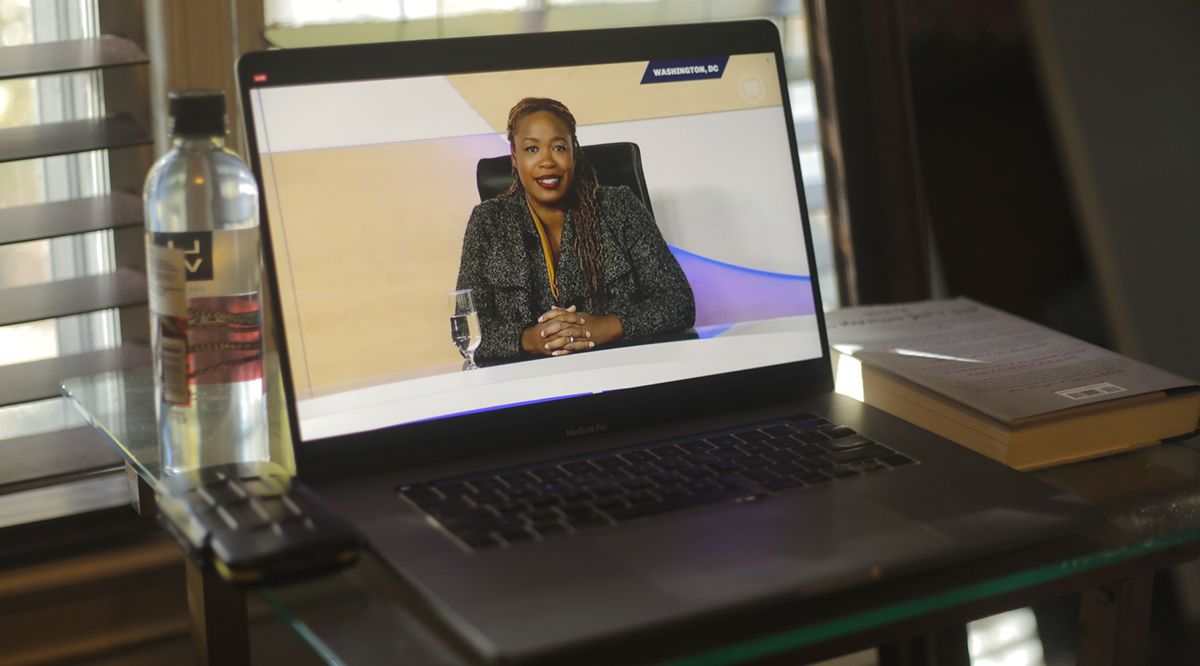 Heather McGhee, JD, appears on a laptop