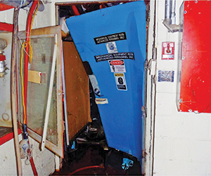 A door damaged when Hurricane Sandy struck NYU Langone Health.