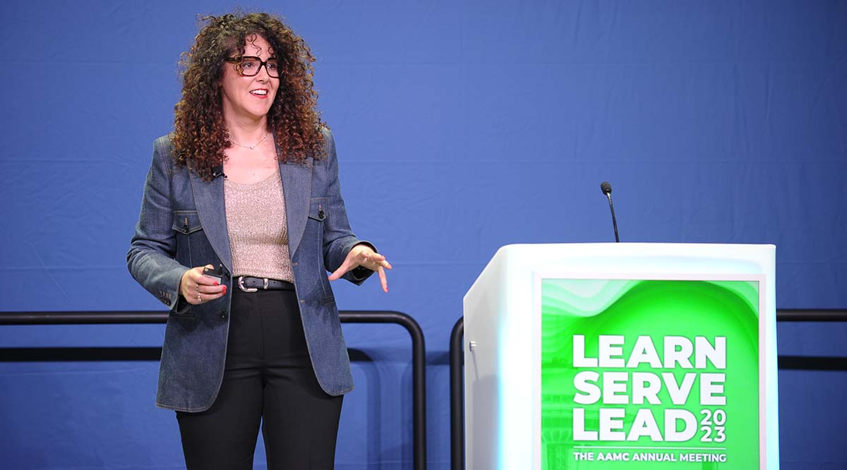 Laurel Braitman speaks on stage during Learn Serve Lead 2023.