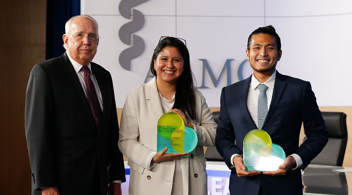 Darrell Kirch, MD, AAMC president emeritus, poses with Denisse Rojas Marquez, MD, MPP, and Jirayut “New” Latthivongskorn, MD, MPH, co-winners of the Vilcek-Gold Award for Humanism in Healthcare, at Learn Serve Lead 2021: The Virtual Experience, on Nov. 9.