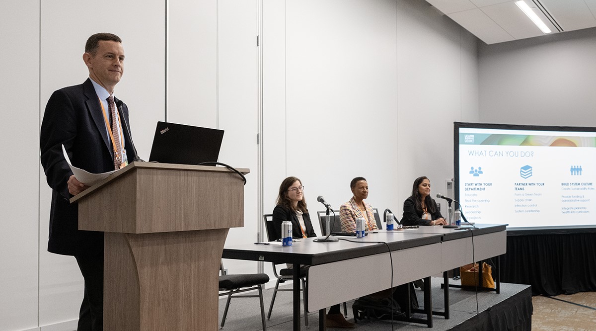 William Mallon, EdD, moderates a talk on decarbonizing academic medicine, with panelists Stella Protopapas, Deborah Deas, MD, MPH, and Smitha Warrier, MD, at Learn Serve Lead on Sunday, Nov. 5.