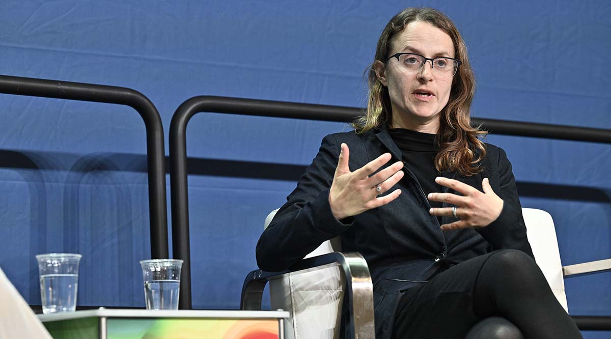 Legal historian Mary Ziegler, JD, gestures while speaking during Learn Serve Lead 2023.