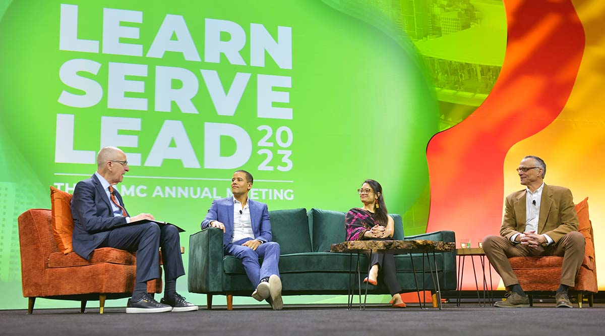 AAMC President and CEO, David J. Skorton speaking with Jacob Mchangama, Amna Khalid, D Phil, and Michael S. Roth, PhD onstage during the opening plenary at Learn Serve Lead 2023.