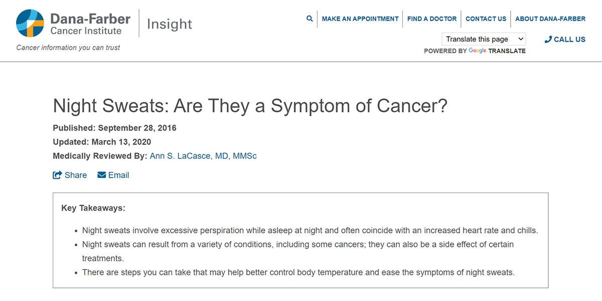 Dana-Farber Cancer Institute blog - Night Sweats: Are They a Symptom of Cancer?