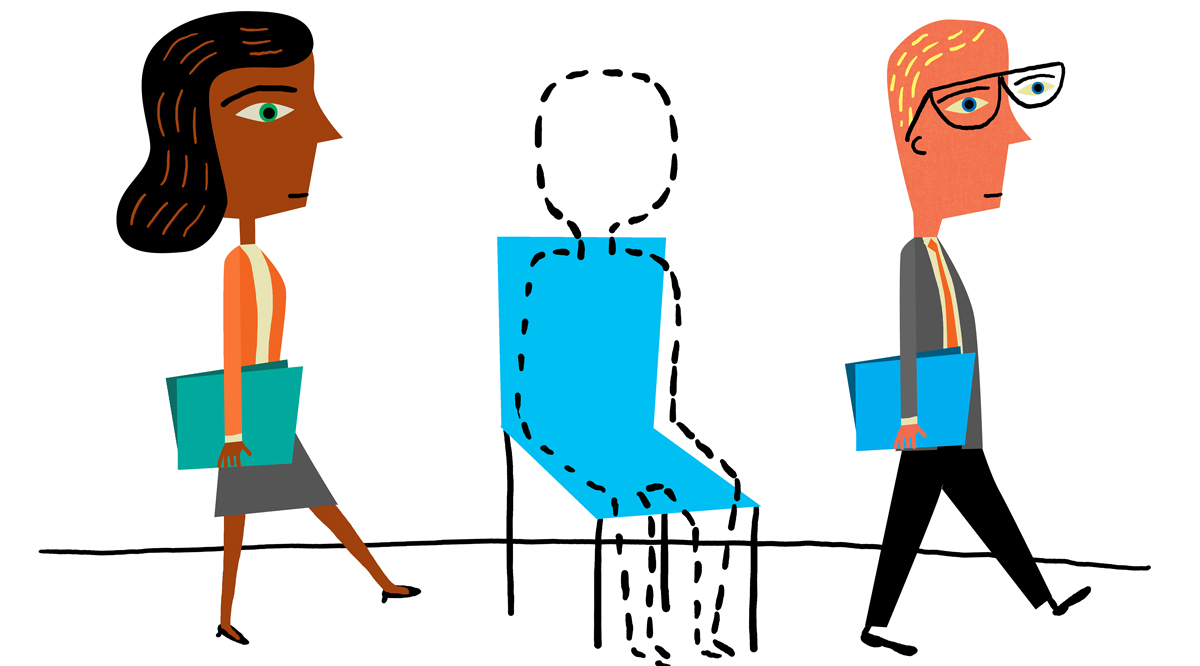 A woman and a man walk past the outline of a person sitting in a chair.