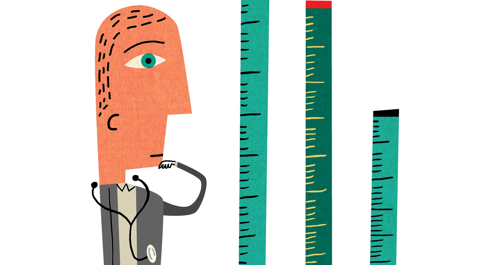 Illustration of a man looking at measuring sticks