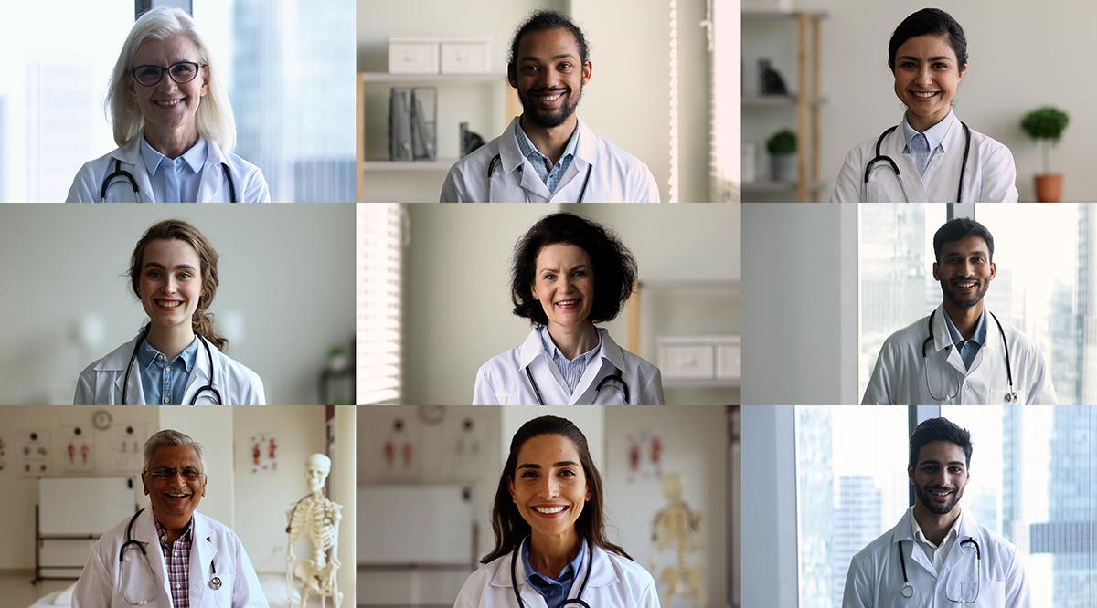 A collage image of nine doctors, all wearing white coats
