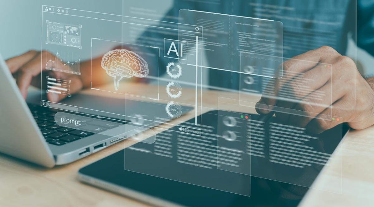 artificial intelligence technology scene with professional coding algorithms on virtual screen and analyzing data and digital brain visual