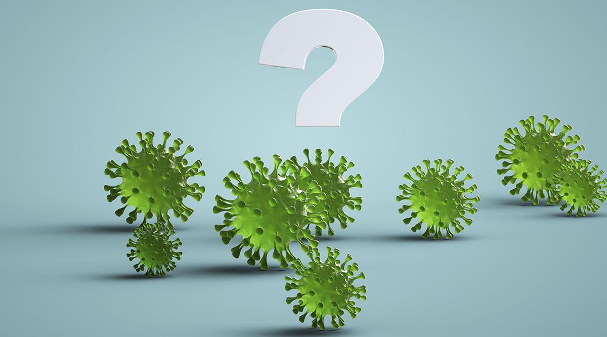 A question mark with coronavirus molecules