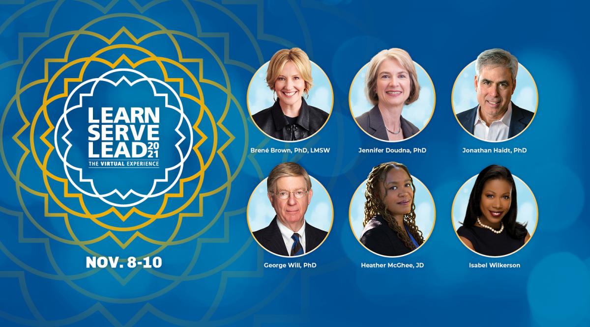 Graphic with the Learn Serve Lead 2021 logo, headshots of 6 plenary speakers, and dates November 8-10