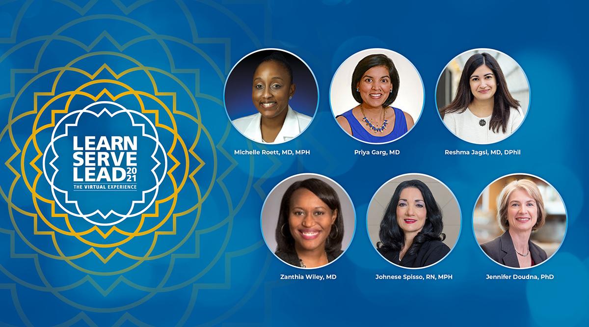 Graphic with the Learn Serve Lead 2021 logo and headshots of 6 plenary speakers