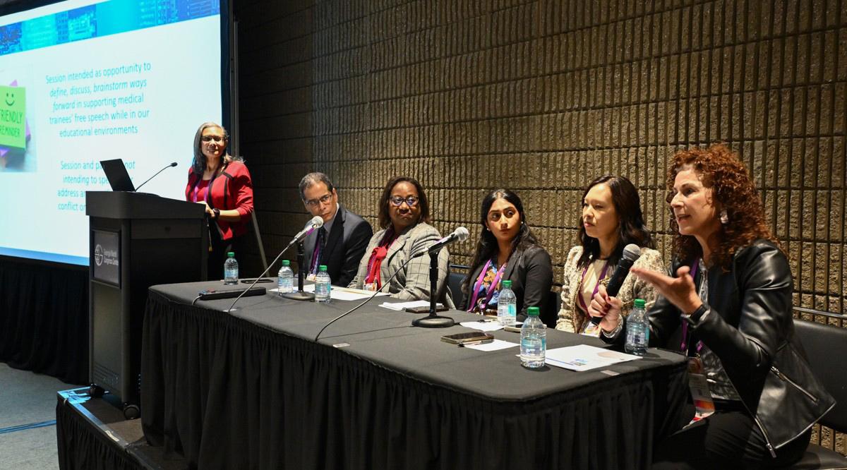 Lisa Worley, BS, far right, shares what she tells medical students about how to speak out effectively and responsibility. Listening are (from far left) Lauren Cobbs, MD; James Woodruff, MD; Loretta Jackson-Williams, MD, PhD; Setu Mehta; and Katherine Chretien, MD.