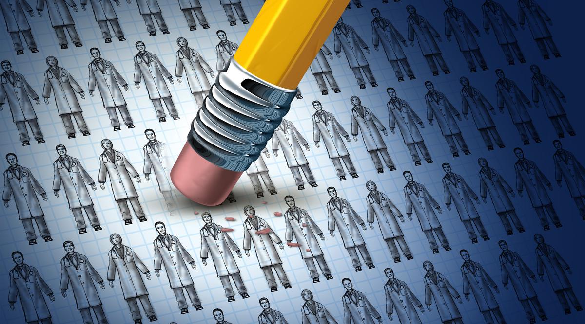 Illustration of a group of doctors and physician drawings being erased by a pencil eraser