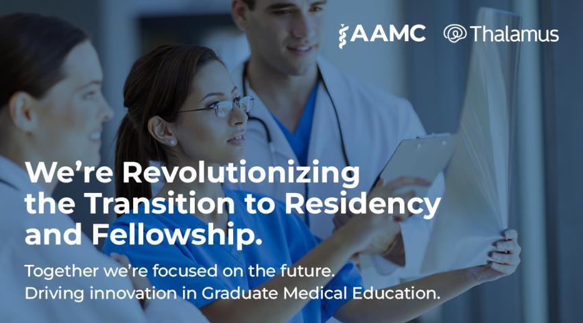 Three doctors look at a chart. Text over the image says "We're revolutionizing the transition to residency and fellowship. Together we're focused on the future. Driving innovation in graduate medical education."