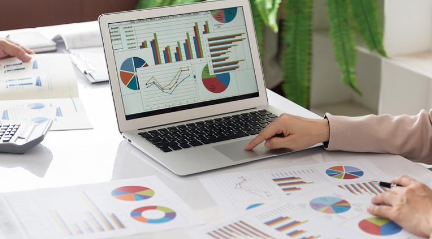 Woman analyzing charts and data on laptop screen.