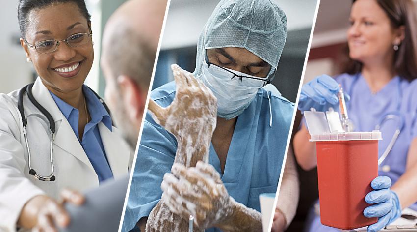 Doctor with a patient, doctor washing hands, and doctor throwing a used syringe away.