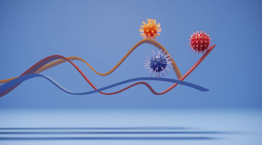 Three differently colored virus particles depicted as racing each other