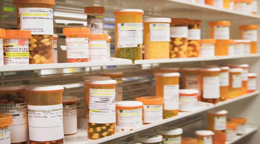 Shelves full of pill bottles